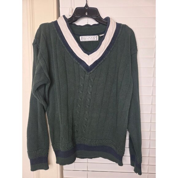 VTG Mens Sweater V-Neck Preppy Tennis Cricket Green Navy White Cable Knit - Picture 1 of 6